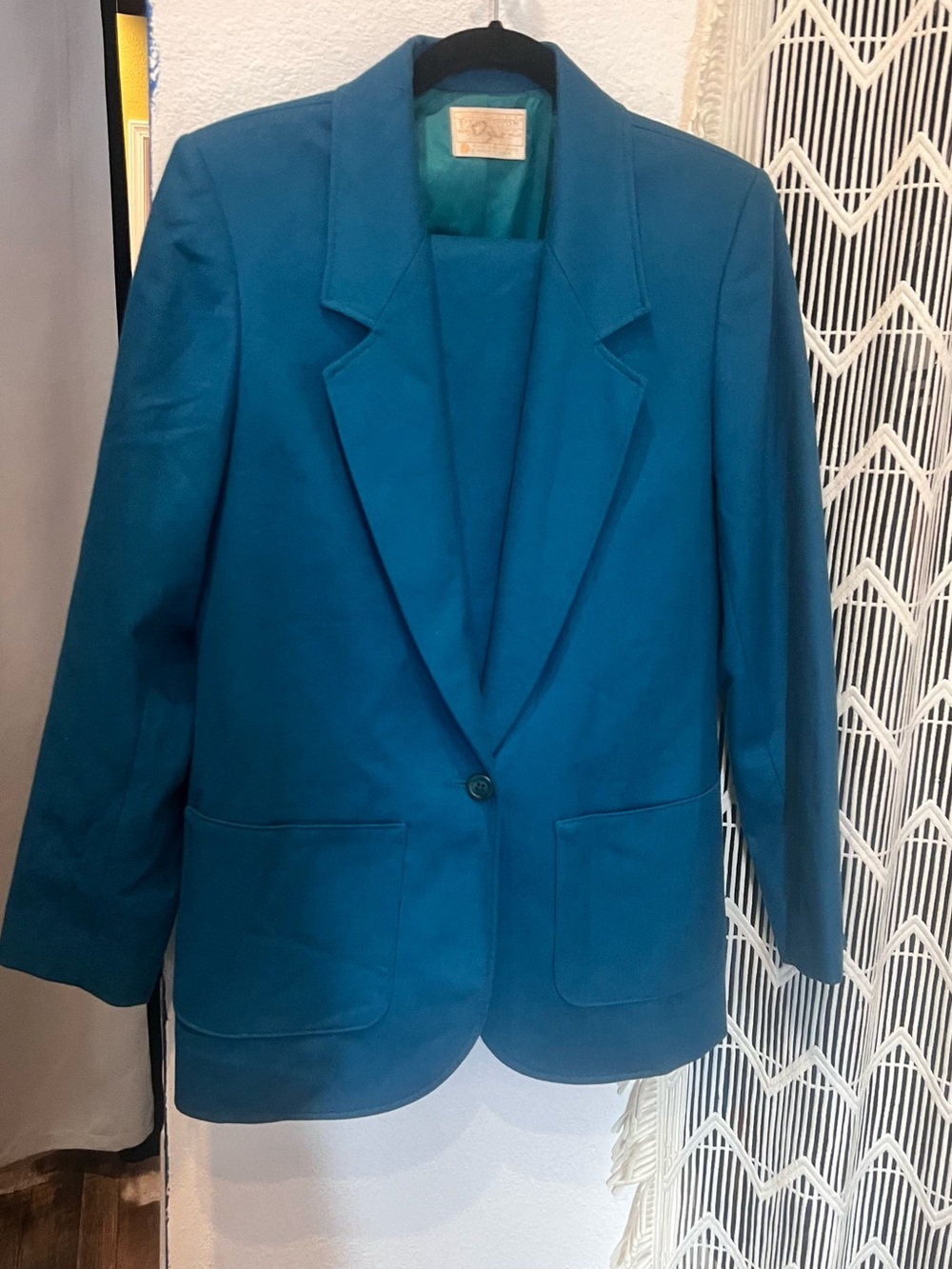 Vintage Pendleton wool Teal Single-Button Blazer and pencil skirt suit set.
